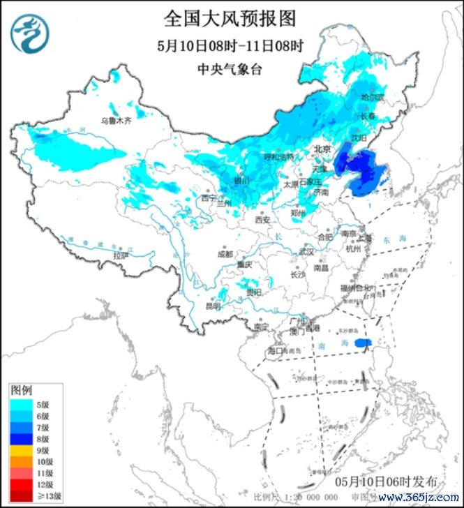 全国大风预报图（5月10日08时-11日08时）